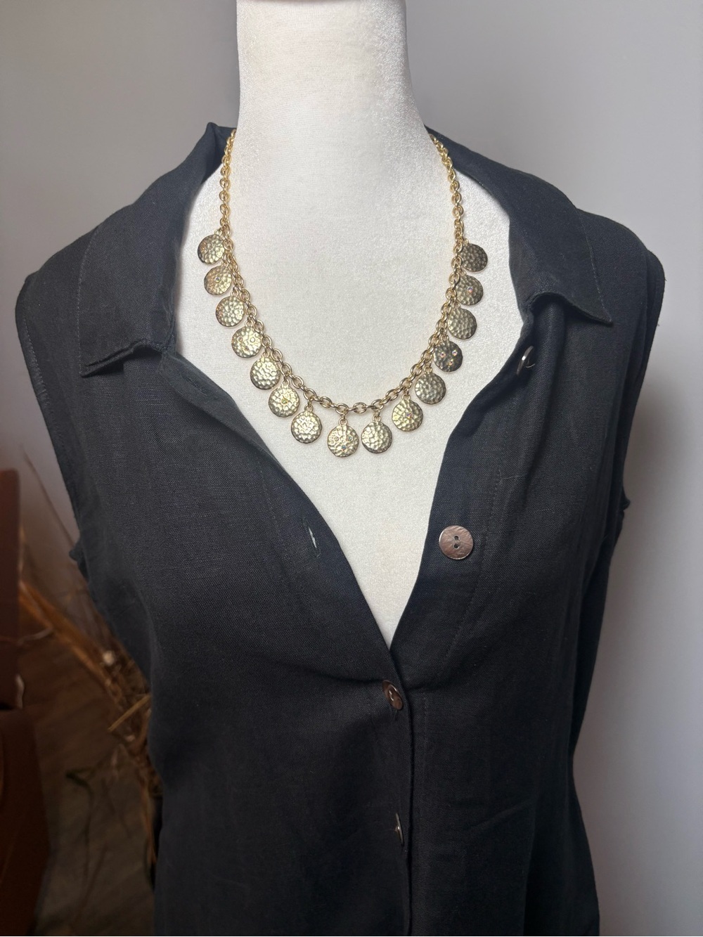 Gold Tone Hammered Disc Statement Necklace | Crystal Accent Boho Bib - Picture 5 of 7